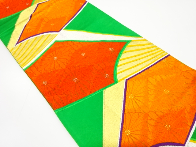 JAPANESE KIMONO / ANTIQUE FUKURO OBI / SILK / WOVEN FAN & KIKU